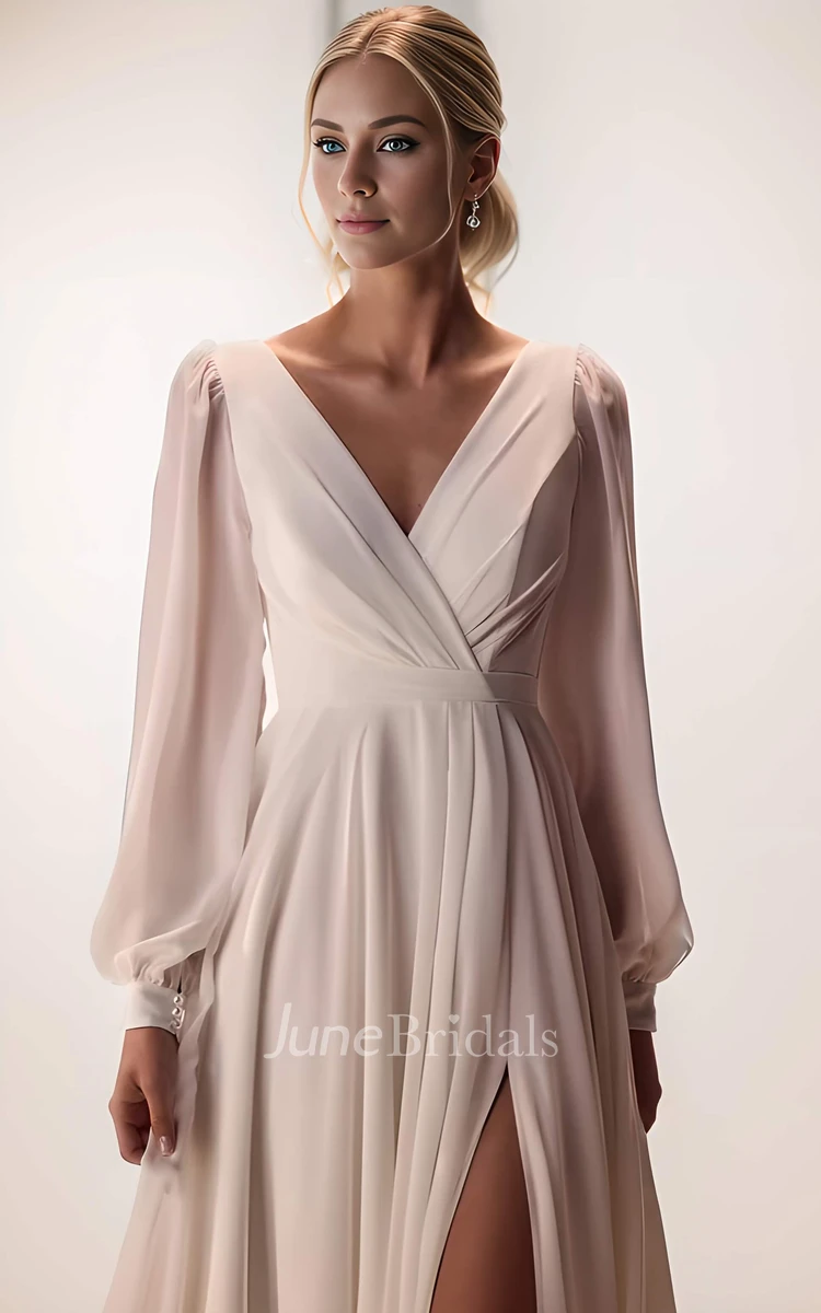 Simple Elegant Puff Long Sleeve Winter A-Line Maxi Wedding Dress Modern Minimalist Chiffon V-Neck Split Front Ruching Floor Garden Civil Courthouse Bridal Gown