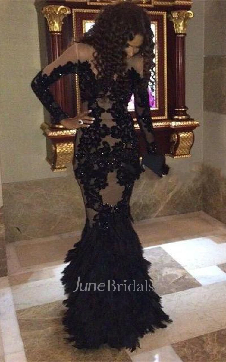 Sexy Black Mermaid Prom Dresses Long Sleeve Tulle Appliques