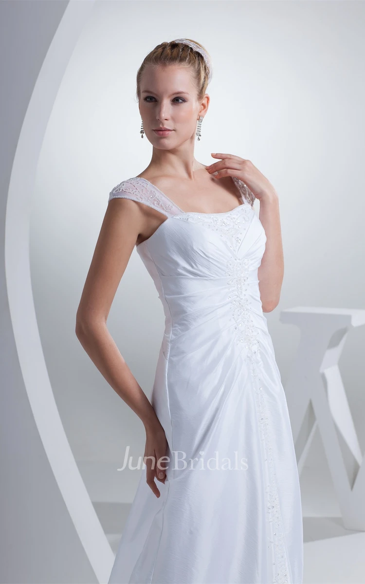 Caped-Sleeve Central-Ruched A-Line Dress with Beading and Sweep Train