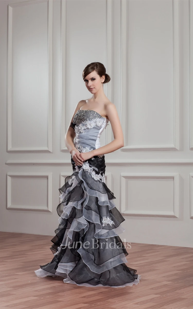 Black-And-White Tiered A-Line Gown with Flower and Rhinestone