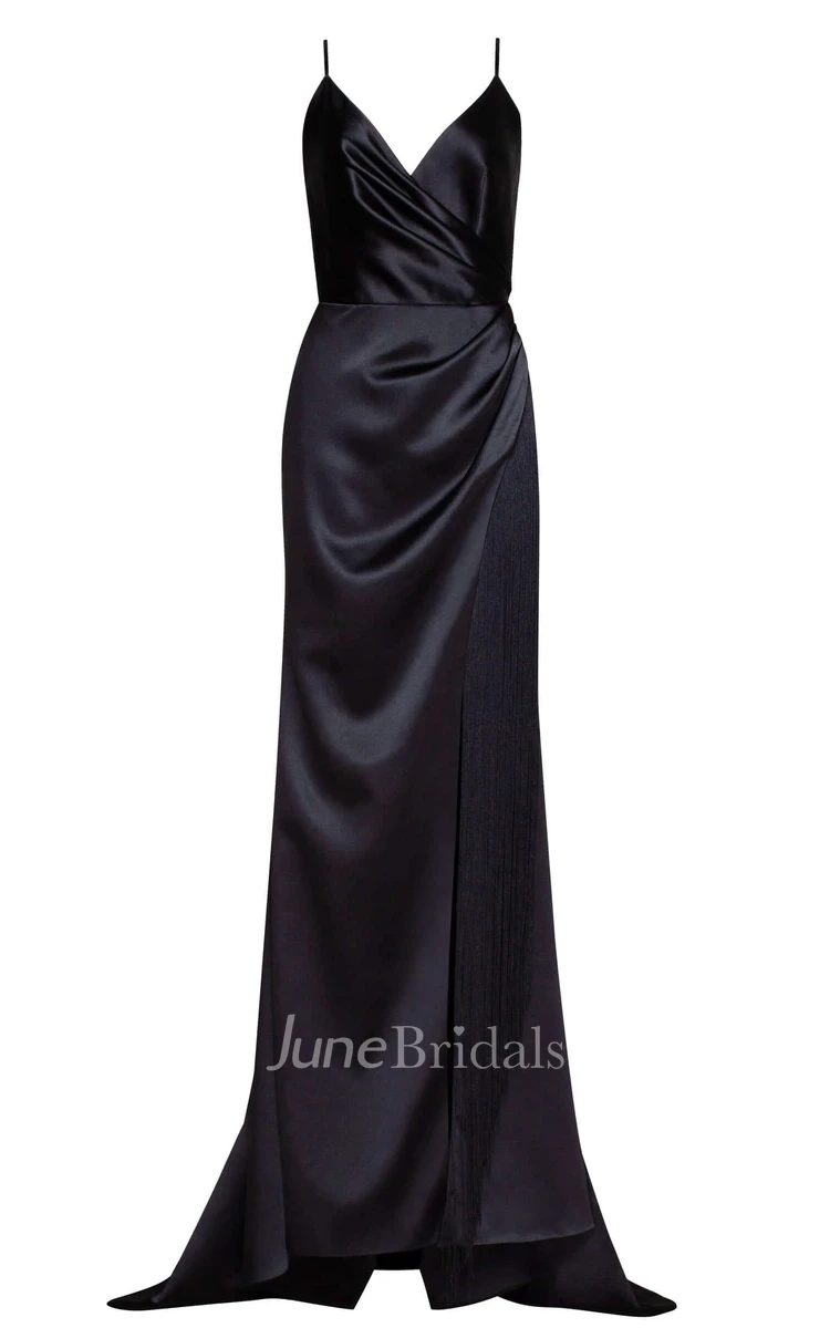 Modern Sheath Spaghetti Satin Prom Dress With Open Back And Split Front