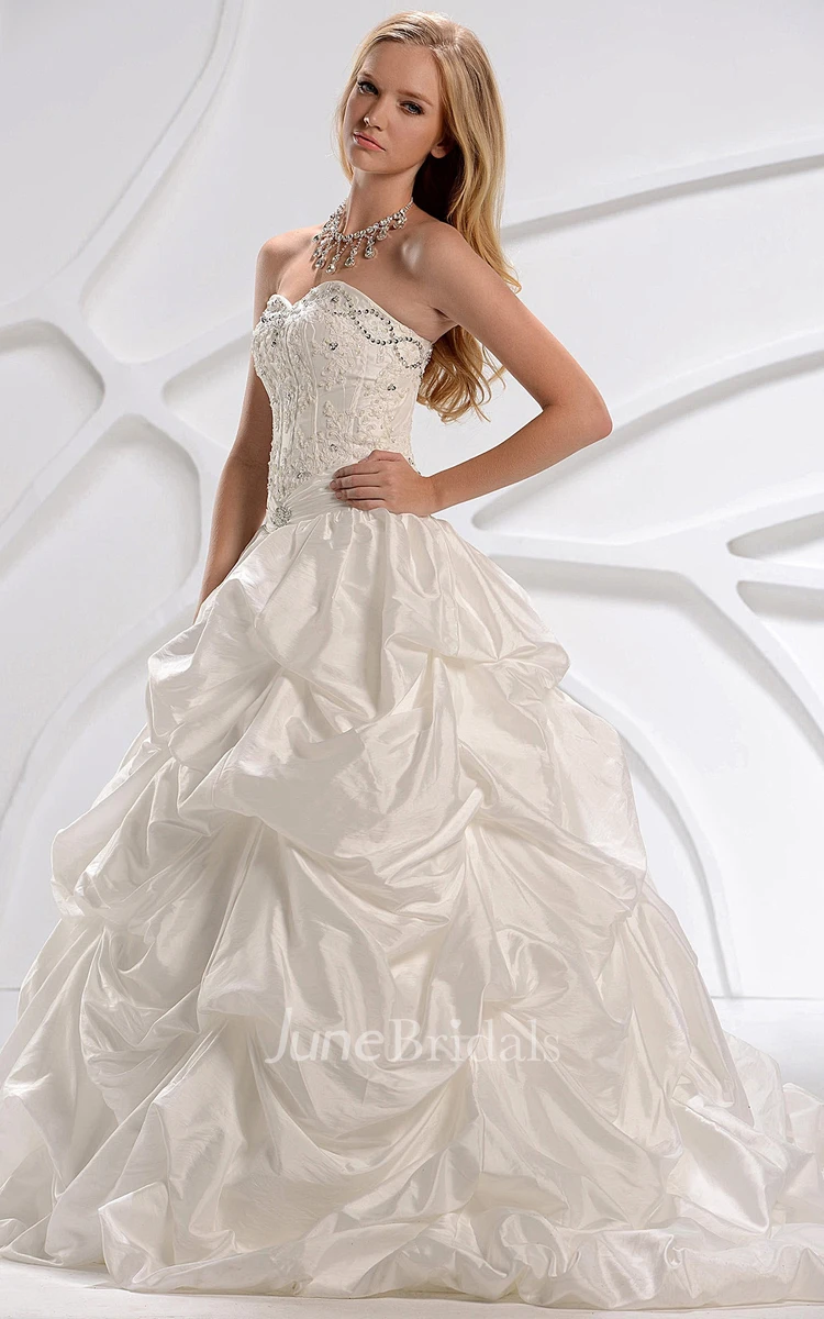 Sweetheart Appliqued Pick-Up Gown With Gemmed Bodice