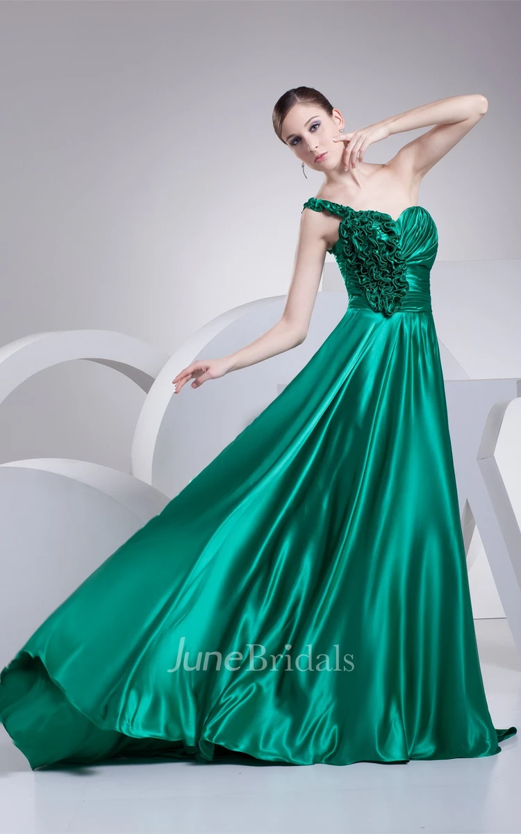 Sleeveless Ruffled A-Line Gown with Pleats and Sweep Train