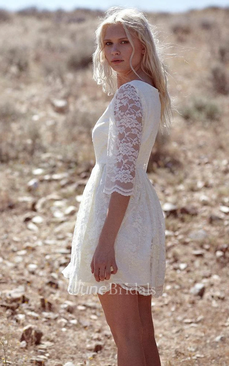 Illusion Sleeve Short Lace Wedding Dress With Pleats And Scoop Neck