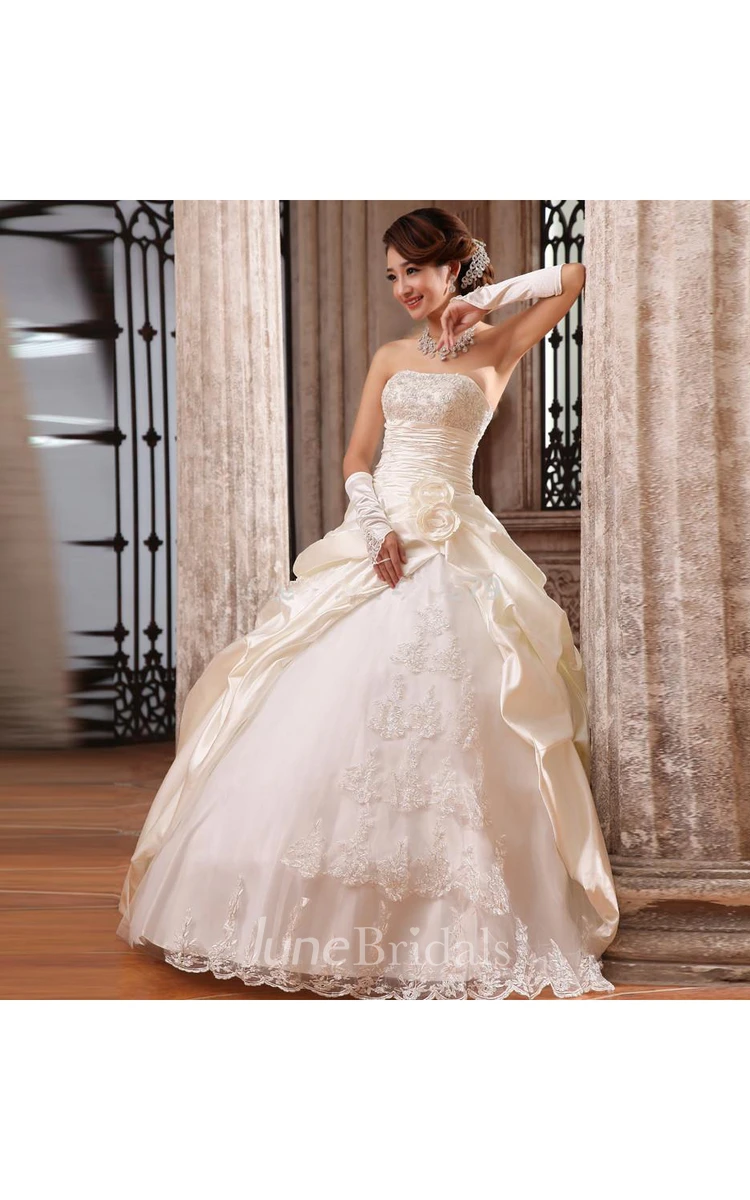 Glamorous Strapless Lace Appliques Taffeta Wedding Dresses Ball Gown
