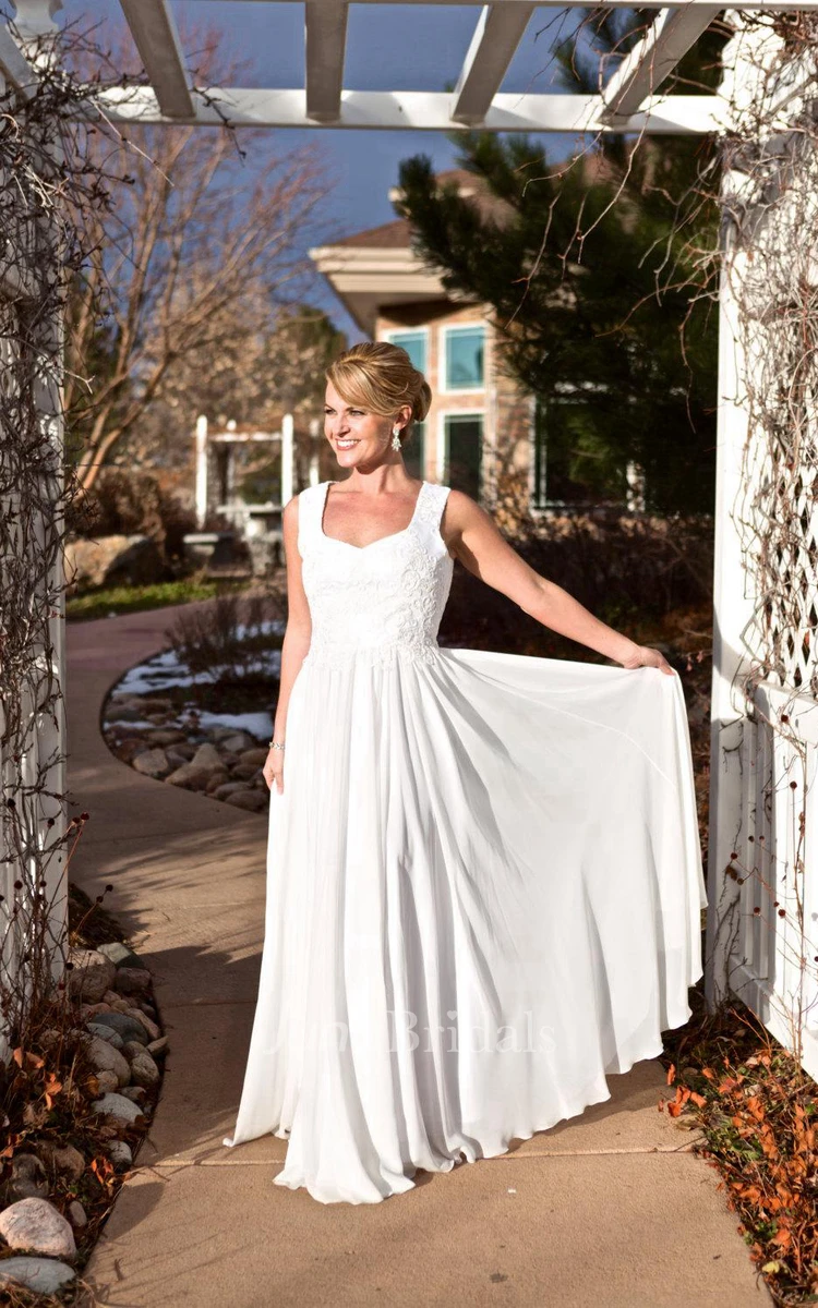 V-Neck Long A-Line Chiffon Wedding Dress With Heart Back