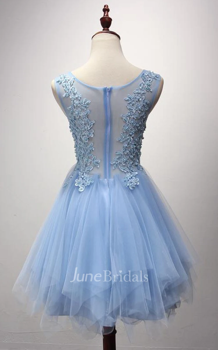 Strapless Scoop Neck Short A-Line Tulle Dress With Applique Bodice 