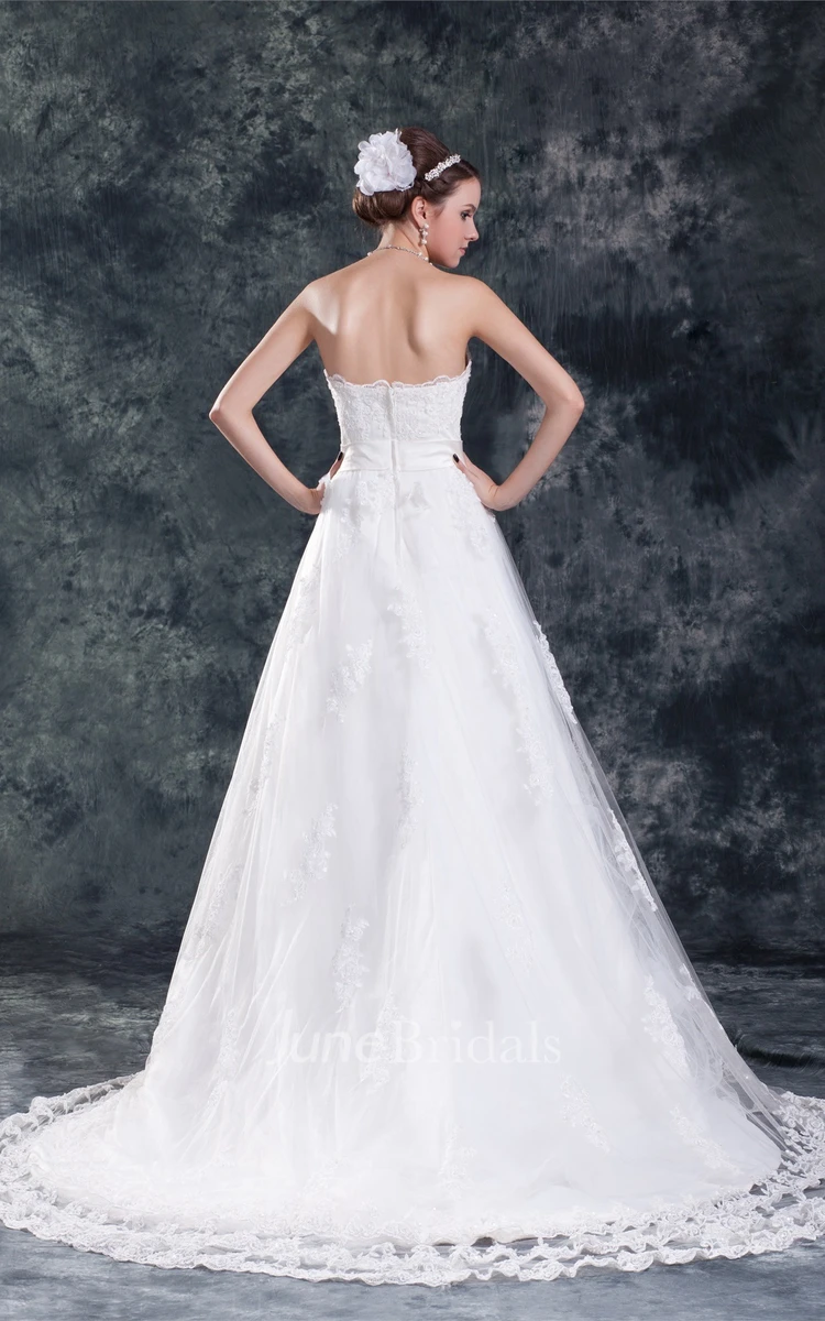 strapless appliqued a-line dress with court train and tulle