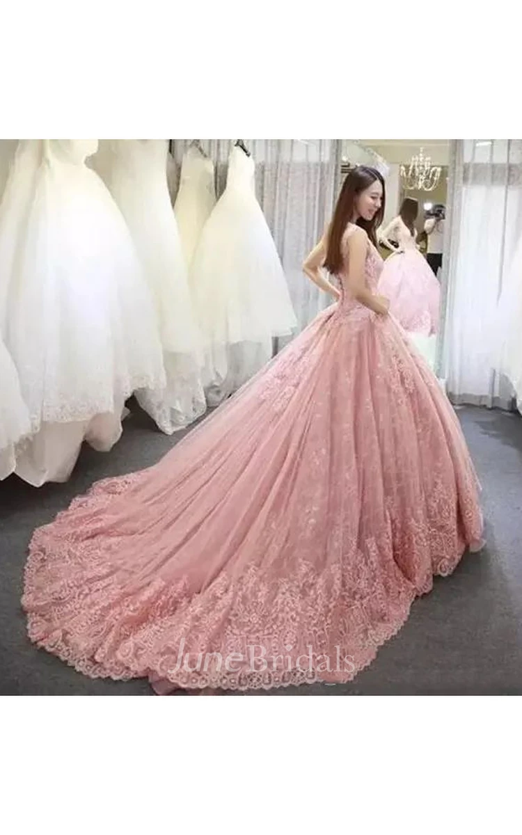 Ball Gown V-neck 3 4 Length Sleeve Lace Tulle Wedding Dress