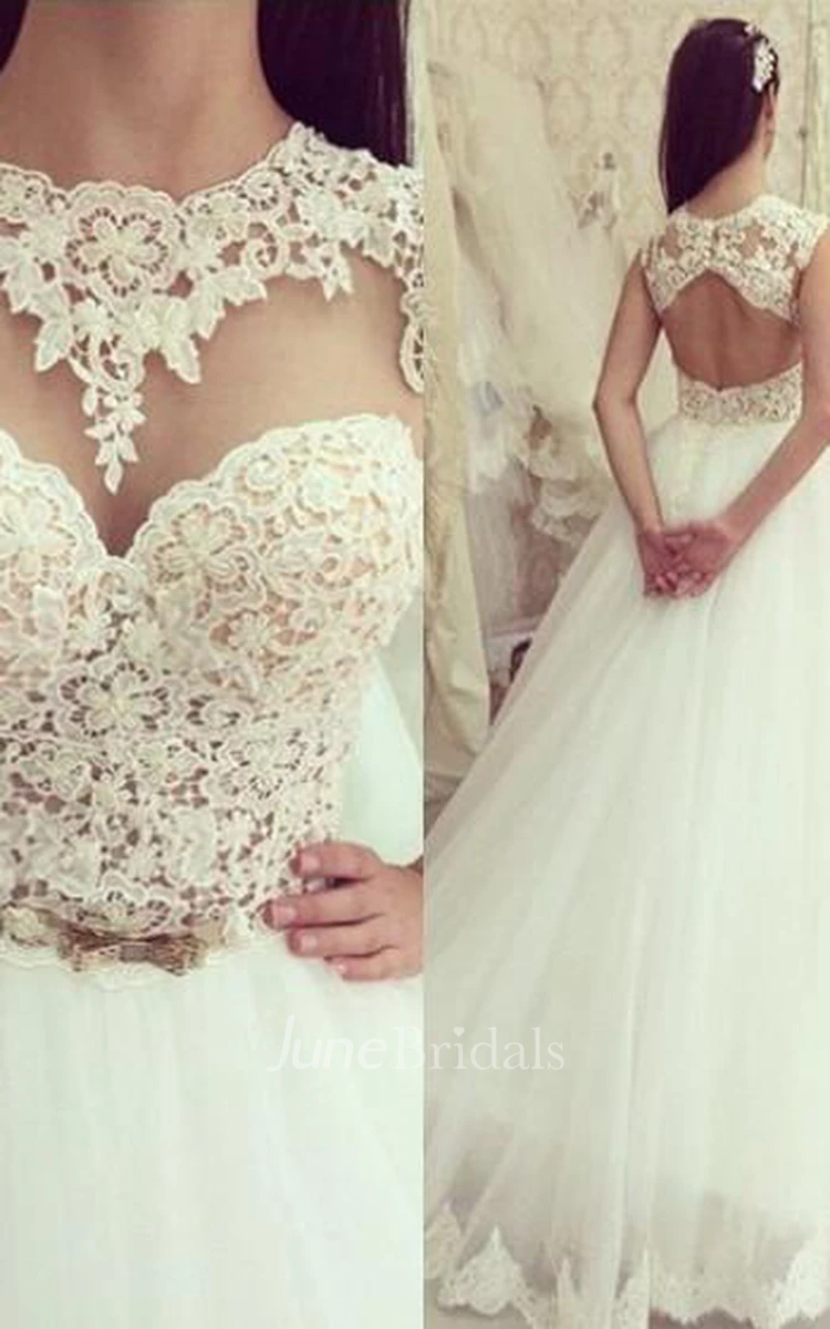 Elegant Tulle Lace Appliques Wedding Dress Bowknot Sweep Train