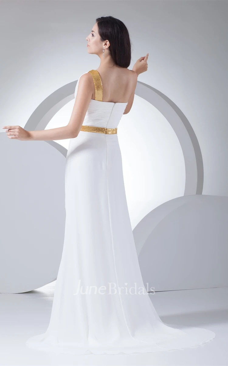 One-Shoulder Chiffon Front-Split Dress with Ruching and Sequins