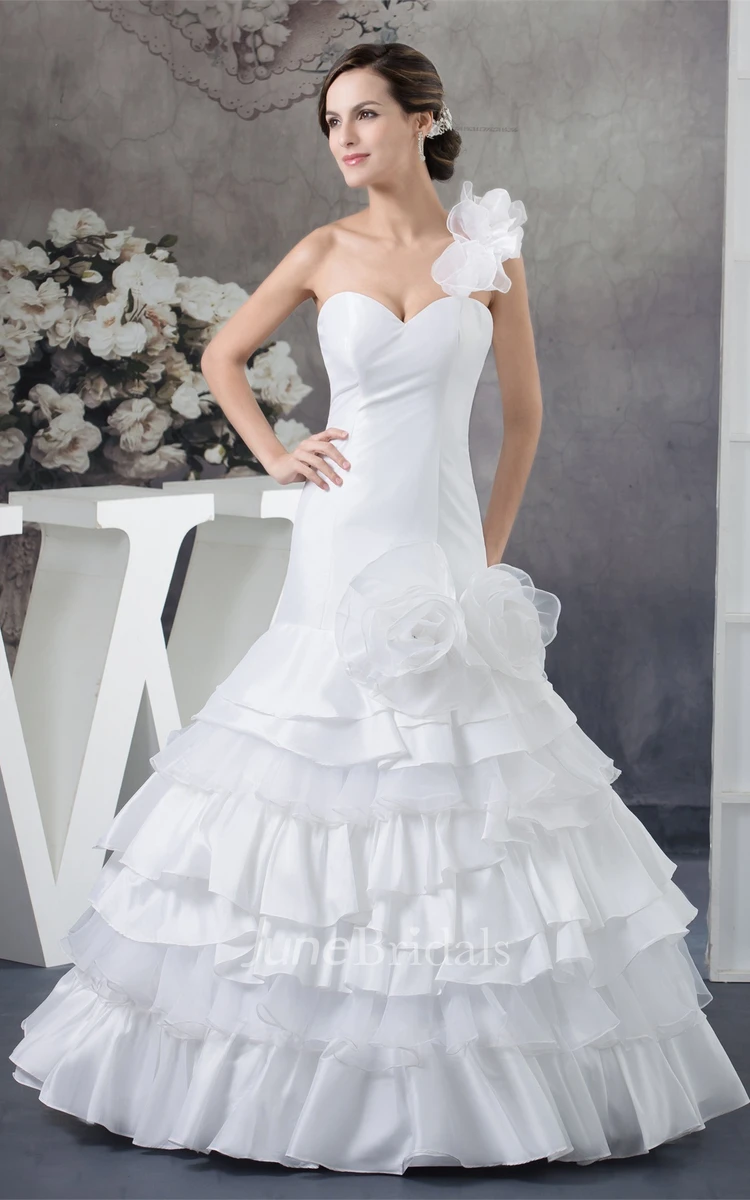 One-Shoulder Sweetheart A-Line Gown with Flower and Tiers