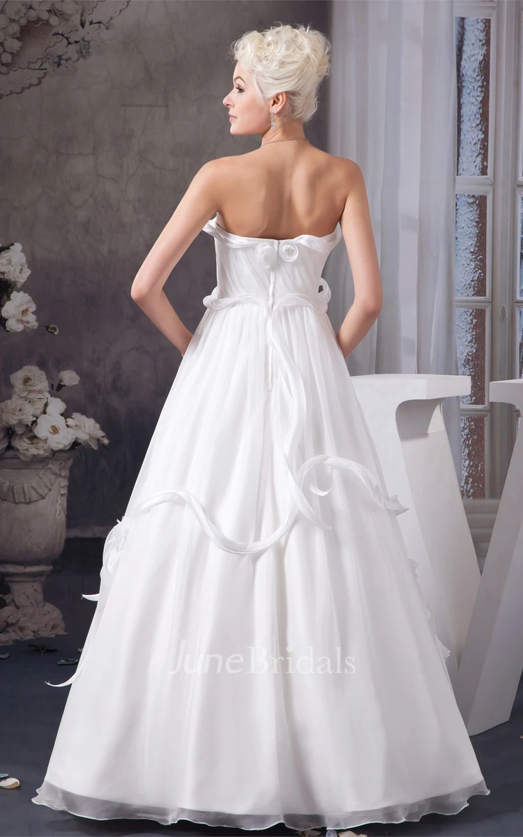 Strapless Ruched A-Line Gown with Flower and Bow