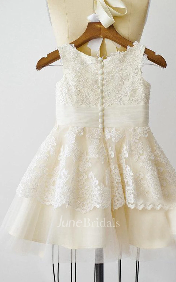 Sleeveless Jewel Ivory Lace Champagne Tulle Flower Girl Dress