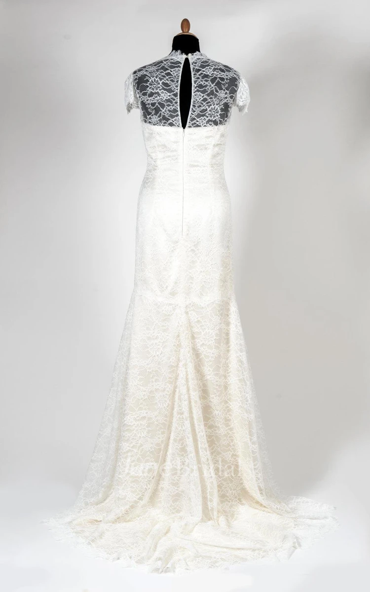 Lace V-Neck Cap Sleeve Mermaid Wedding Dress With Satin Lining