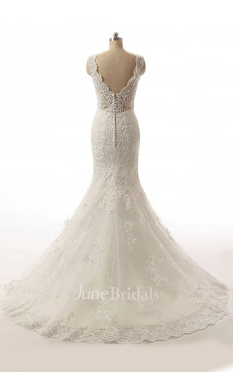 Mermaid Cap Sleeve Tulle Lace Dress With Appliques Low-V Back