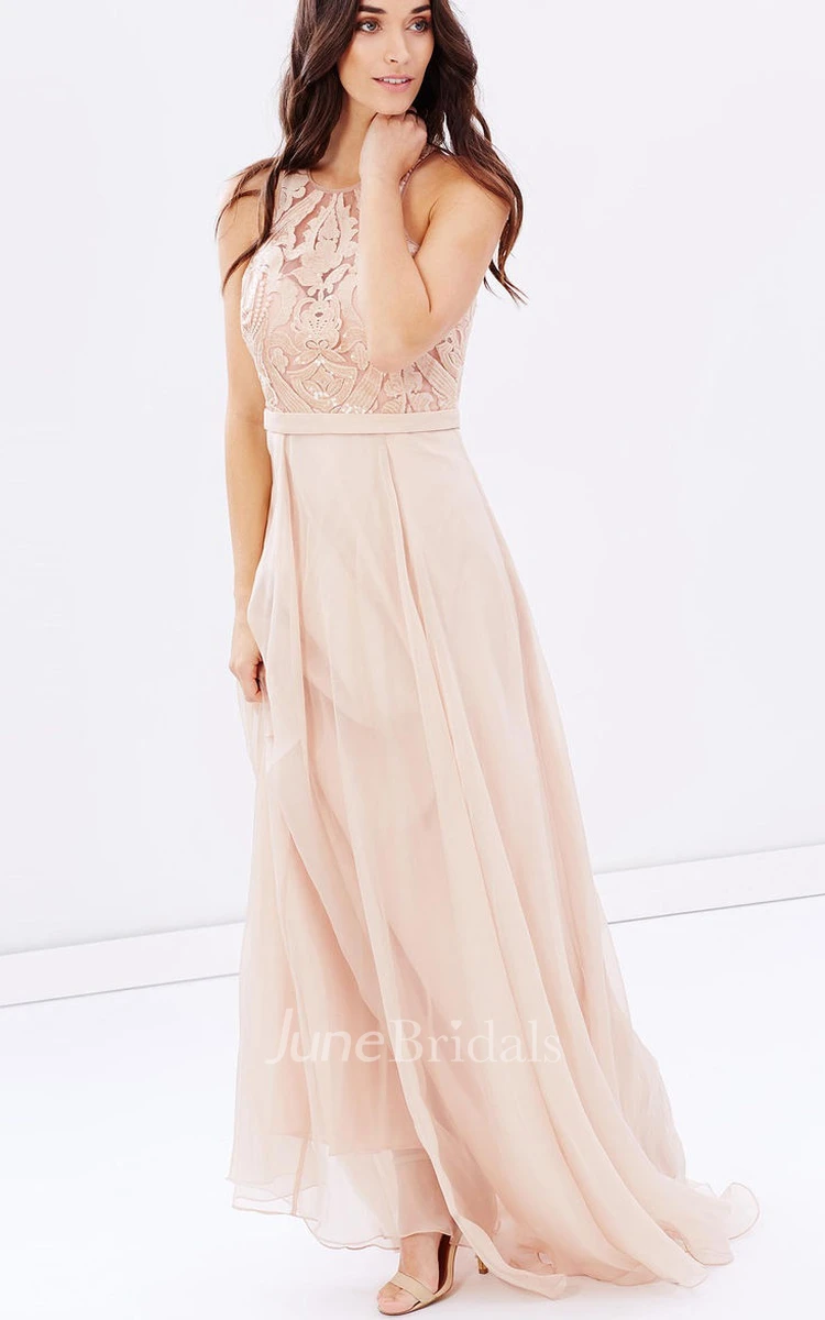 Sheath Sleeveless Appliqued Scoop Neck Chiffon Bridesmaid Dress With Sequins