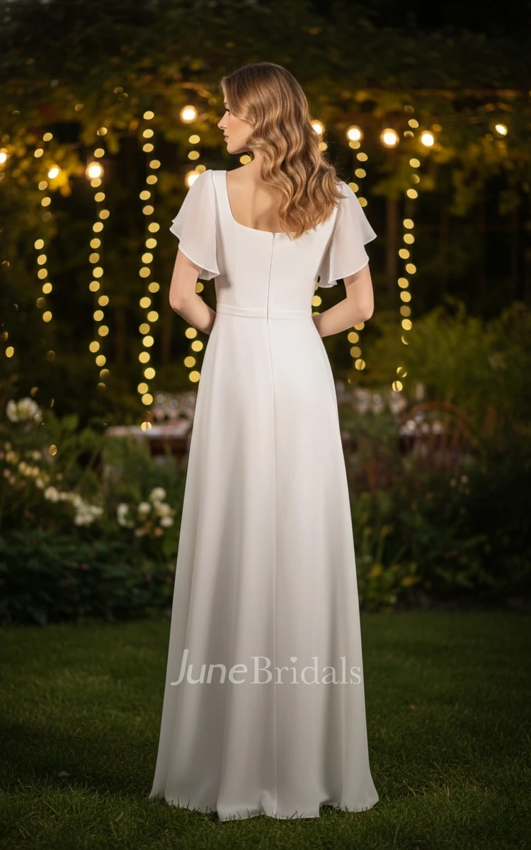 Modest A-Line Square Neckline Floor-Length Adorable Minimalist Short Bell Sleeves Spring Wedding Dress