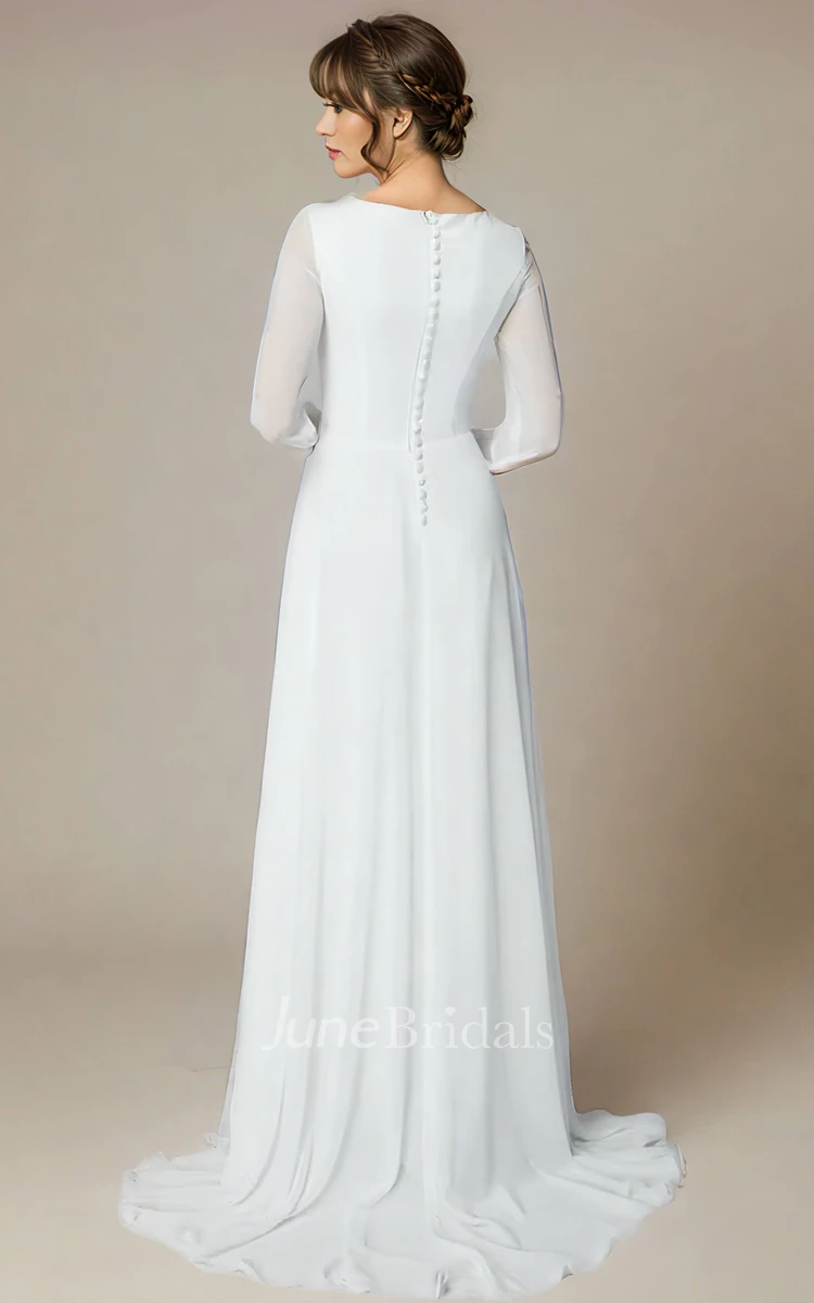 Simple Modest Long Sleeve A-Line Jewel Chiffon Wedding Dress Vintage Chic Solid Sheath Bridal Gown with Floor Length
