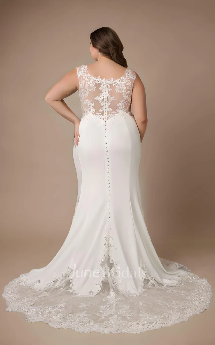 Mermaid Plus Size Satin Lace Sleeveless Wedding Dress Simple Casual Modest Elegant Bateau Neck Floor-length
