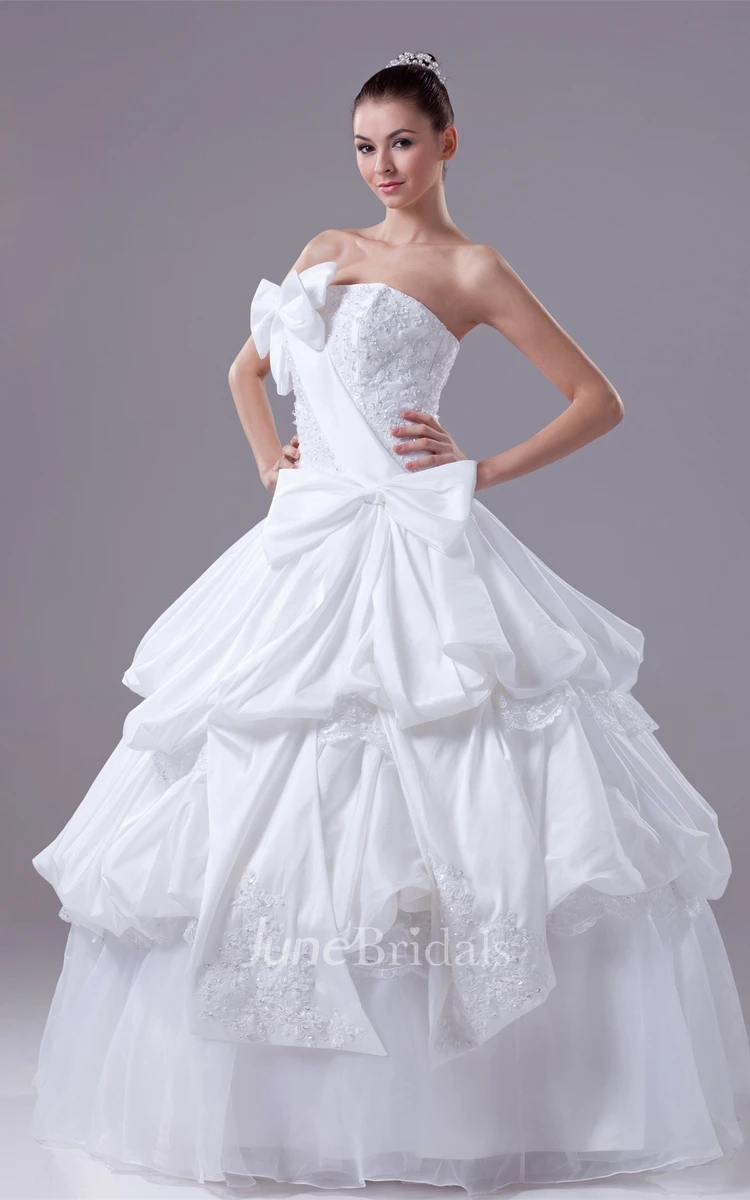 Strapless Pick-Up Tiered Ball Gown with Appliques and Bow