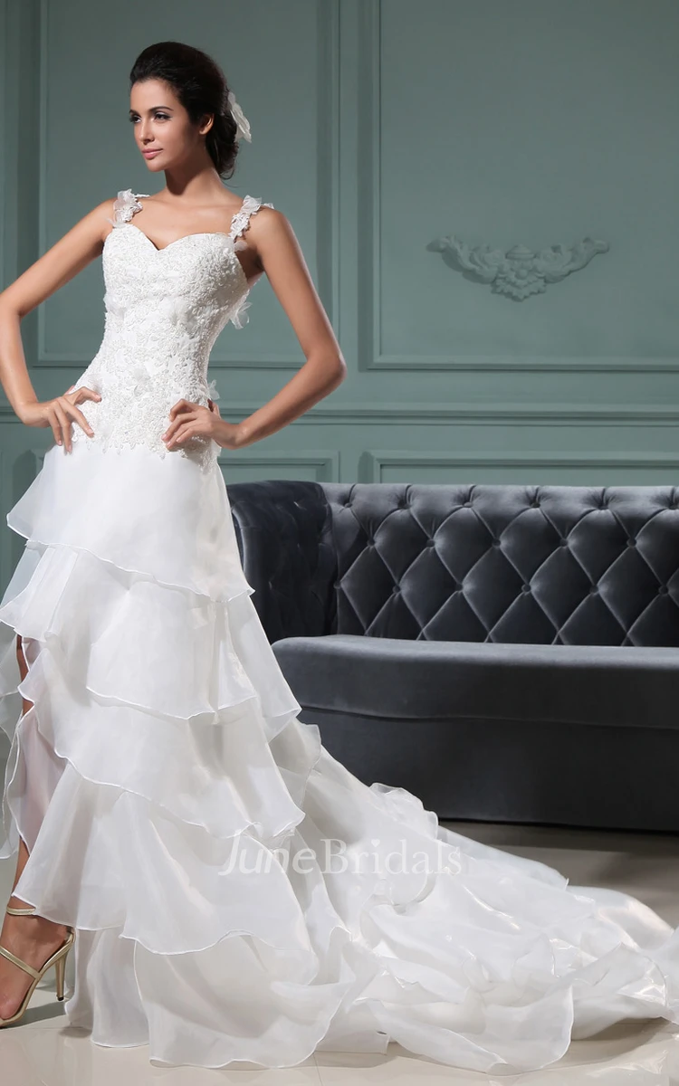 Sweetheart Sleeveless Slited Gown With Spaghetti Straps And Ruffles