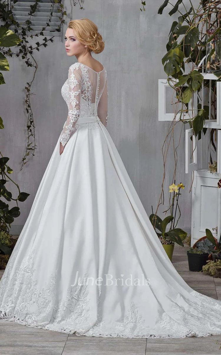 Bateau Long Sleeve Satin A-Line Wedding Dress With Appliques And Illusion