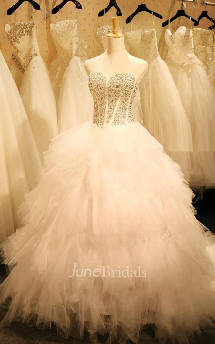 Newest Crystals Ruffles Wedding Dress Sweetheart Sleeveless Lace-up