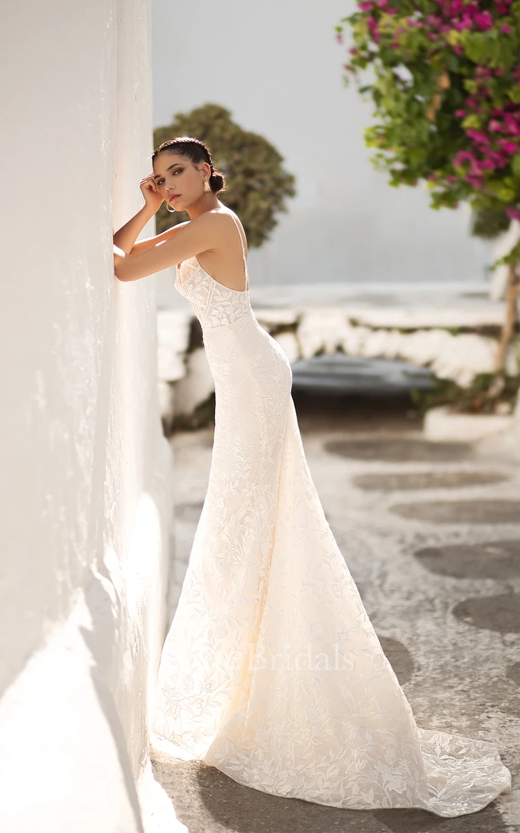 Mermaid Plunging Neckline Lace Sexy Backless Wedding Dress with Cathedral Train