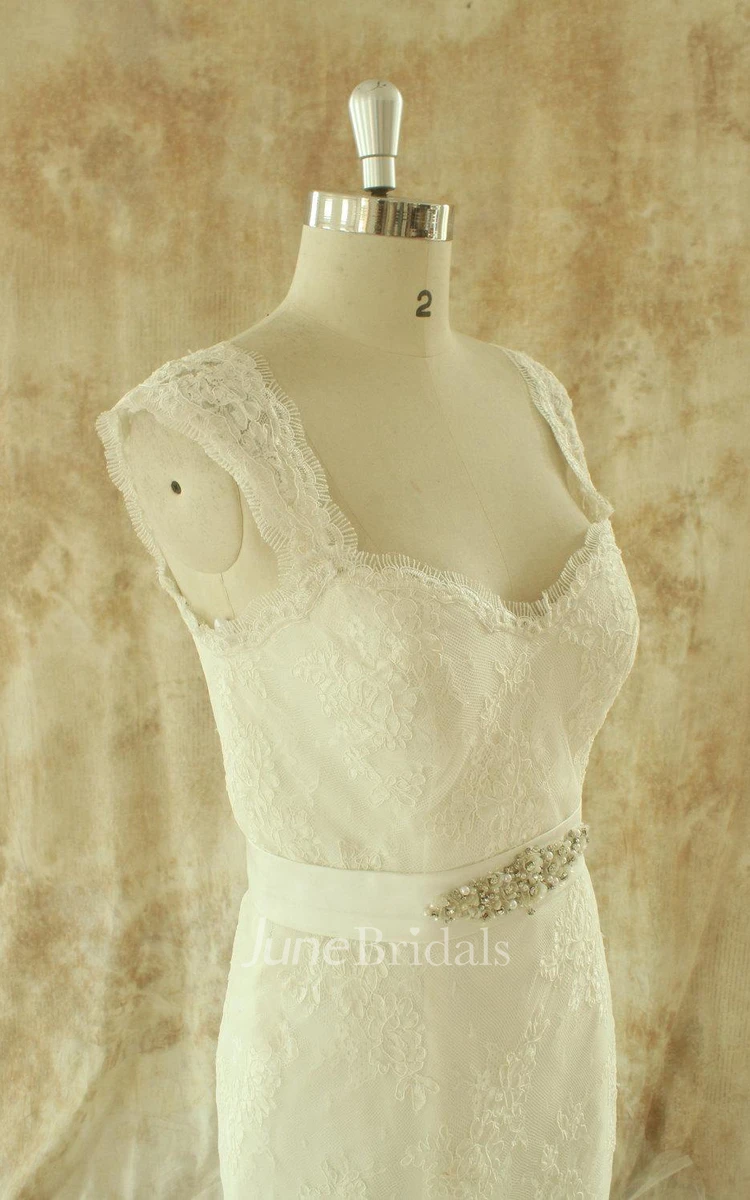 Queen Anne Sleeveless Sheath Lace Wedding Dress With Sash And Crystal Detailing