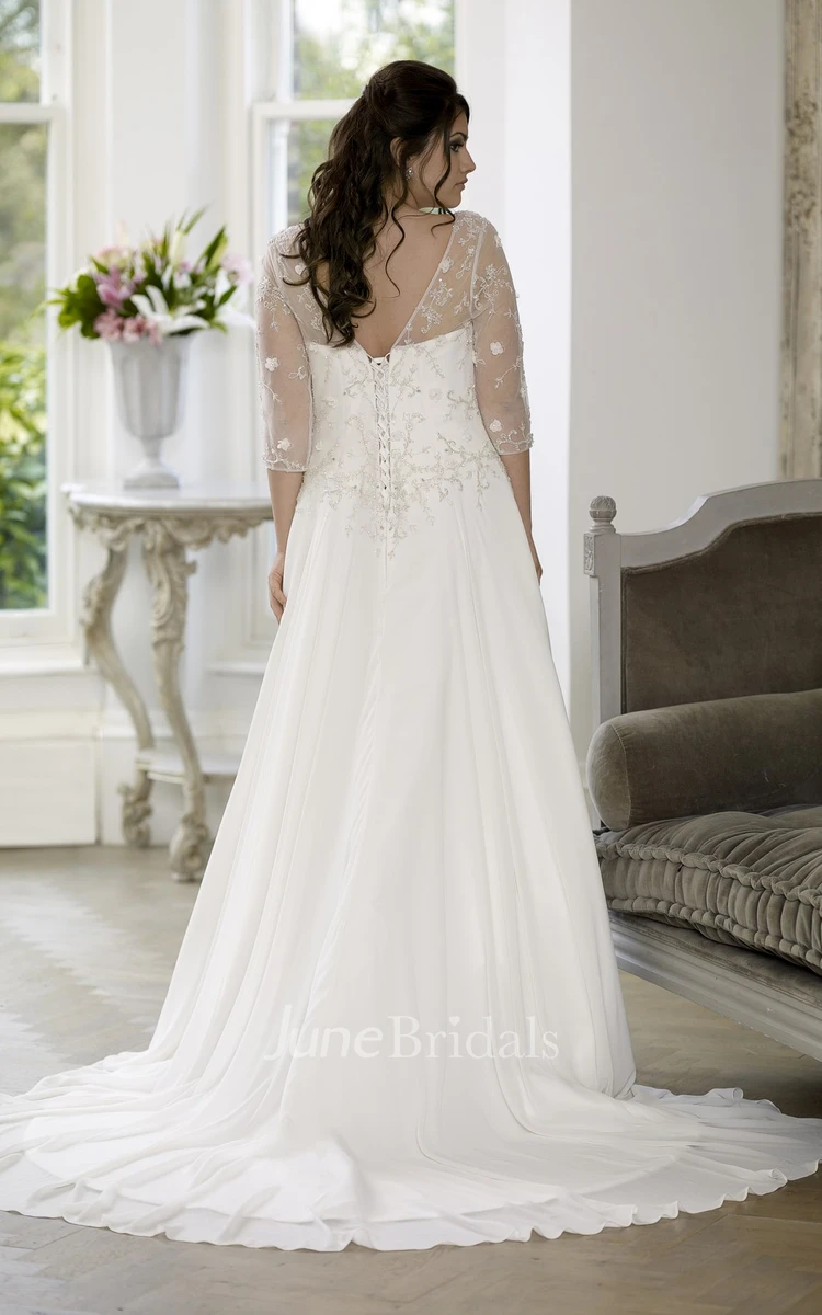 Long Sleeve Chiffon Satin Lace Lace-Up Corset Back Wedding Dress - June  Bridals