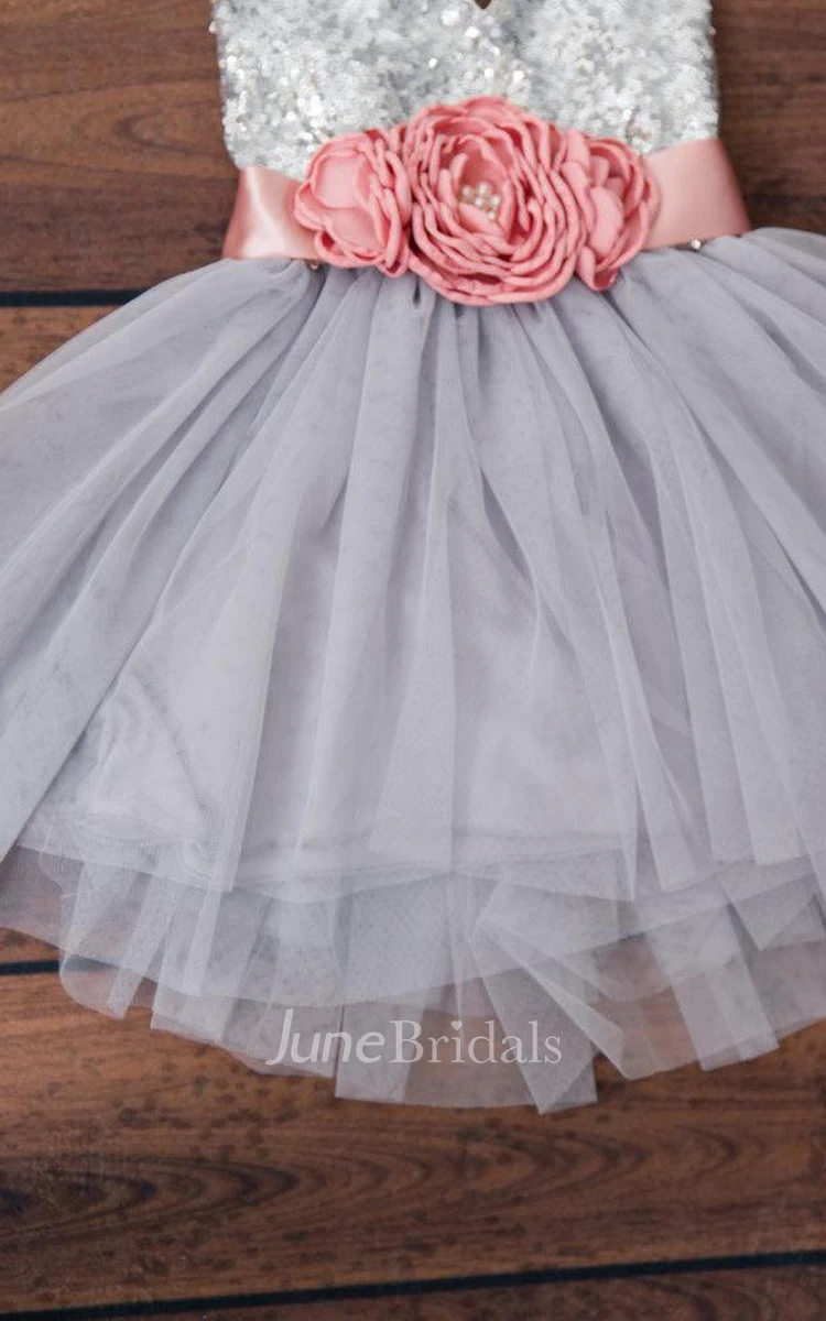 Mini Spaghetti Strap Tulle Dress With Sequins&Flower