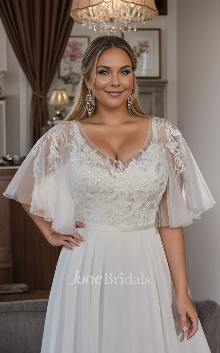 Ethereal Modest A-Line Plus Size Boho Lace Wedding Dress Vintage Stunning Short Bell Sleeve Crystal Button Illusion Back Bridal Gown