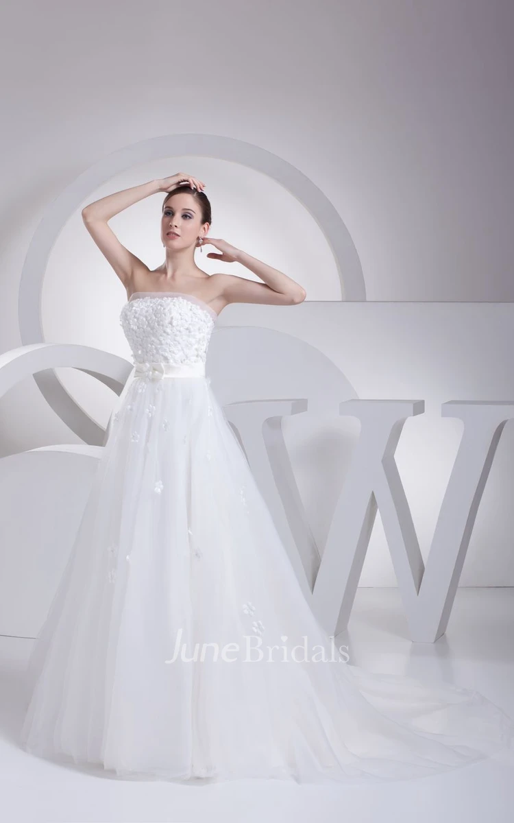 Strapless Tulle A-Line Dress With Ribbon and Flower