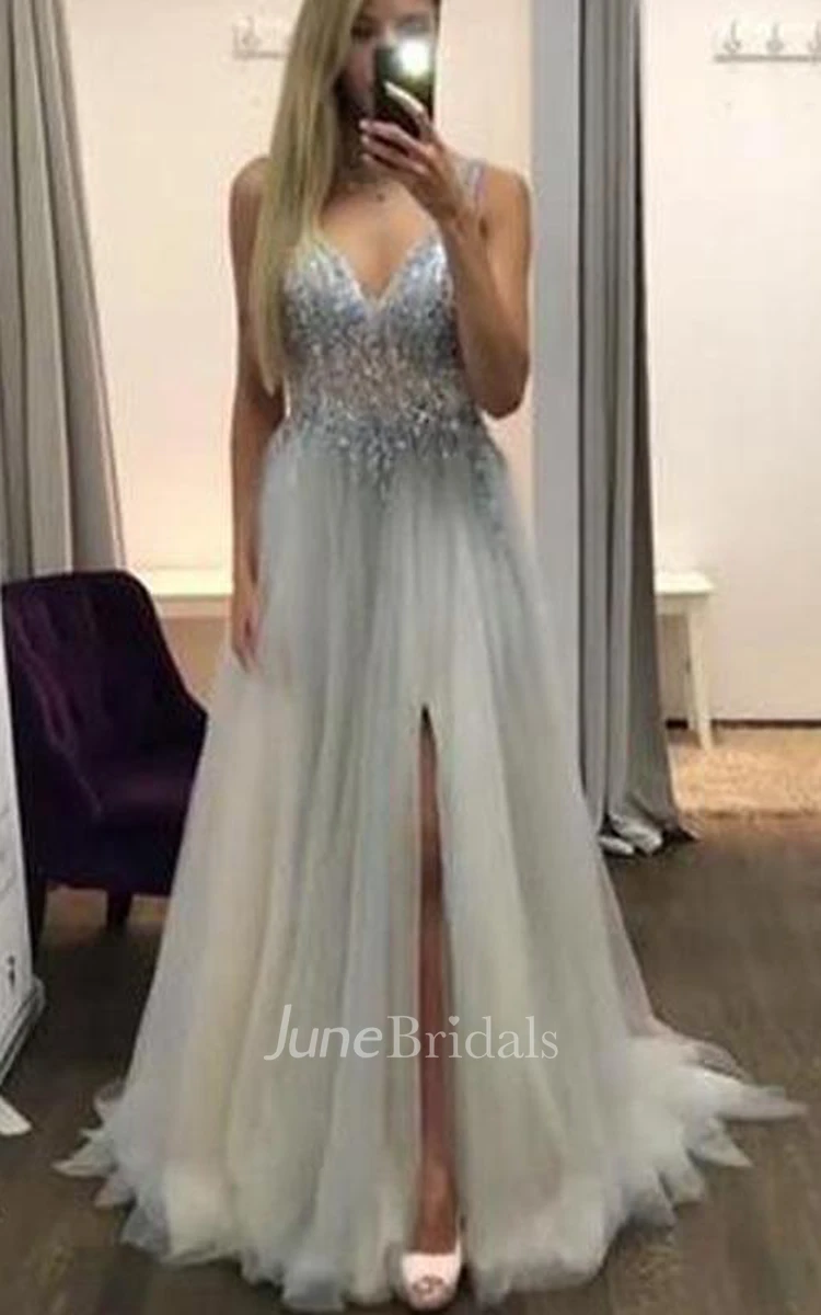 Sexy Side Slit V Neck See Through Beaded A-line Long Evening Prom Dress