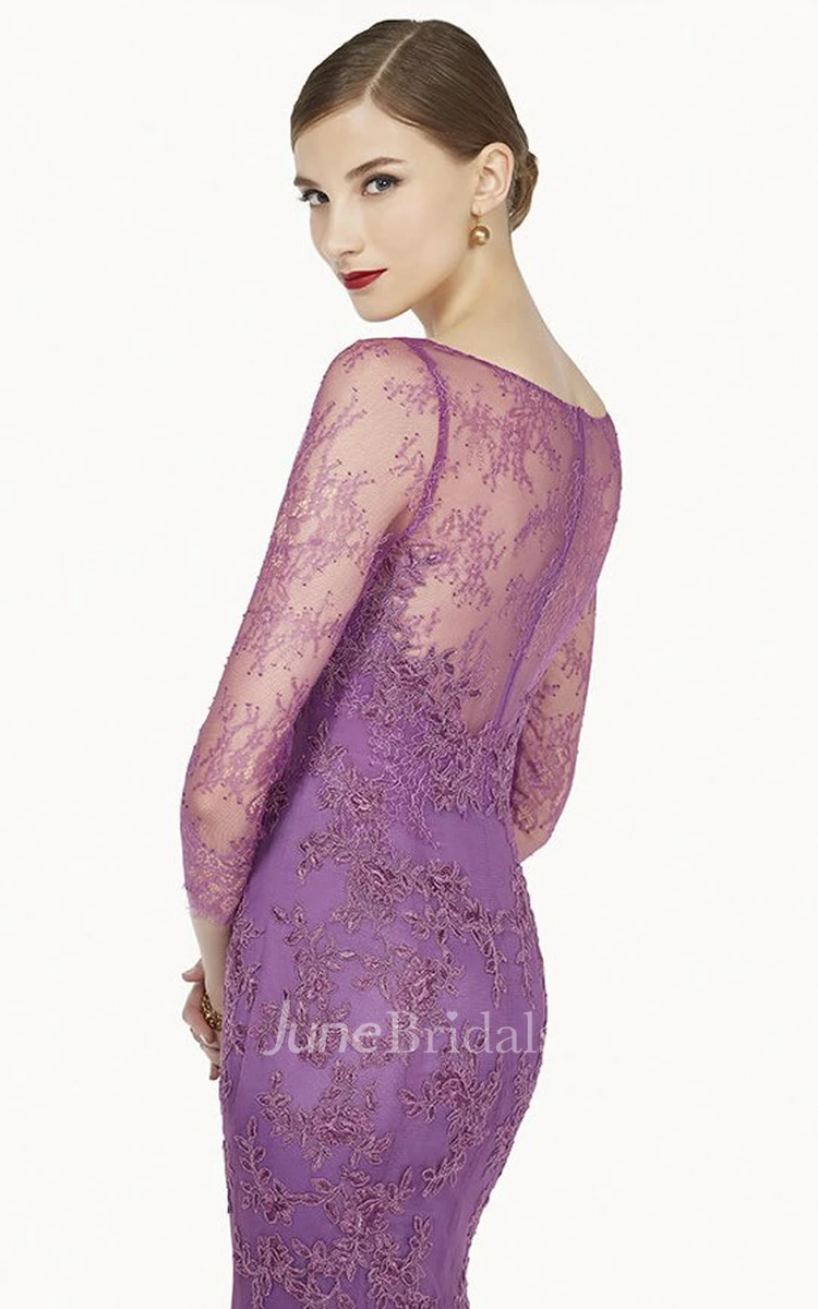 Bateau 3-4-sleeve Tulle Dress With Illusion And Appliques