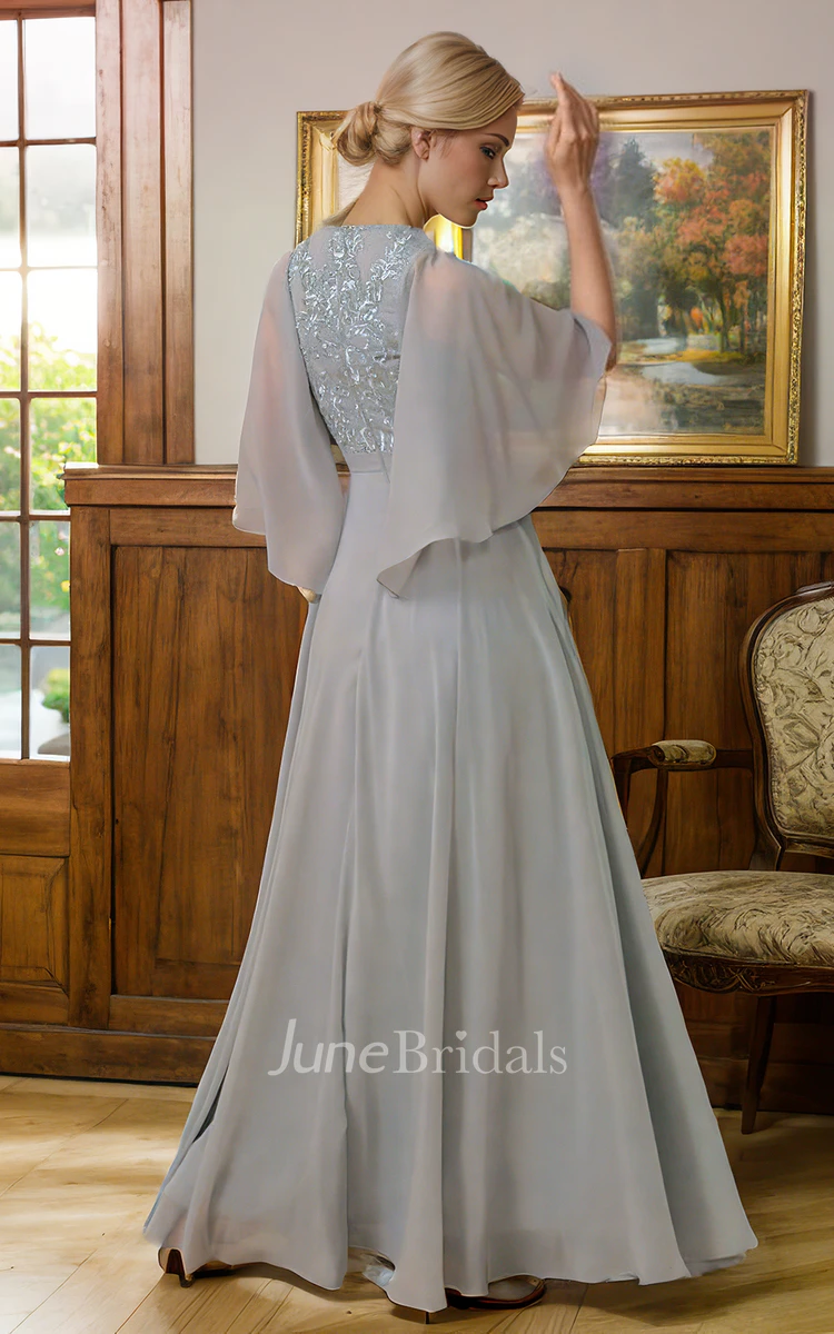 A-Line V-neck Elegant Floor-length Bat Sleeve Appliques Lace Mother of the Bride Dress
