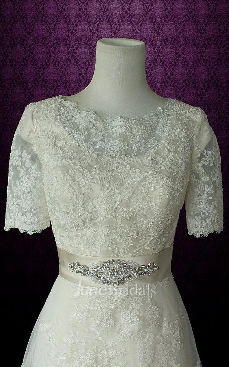 Jewel Button Back Lace Wedding Dress With Crystal Detailing And Tiers