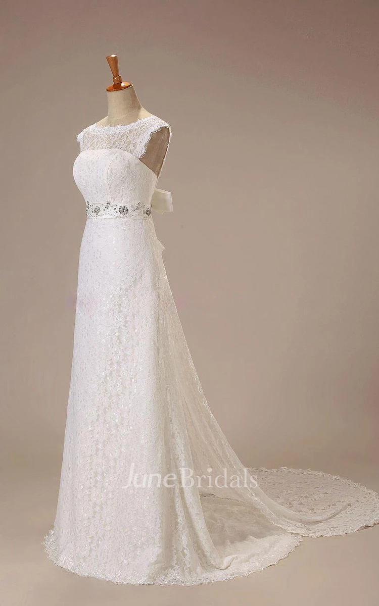 Elegant Long A-Line Lace Wedding Dress With Beaded Belt