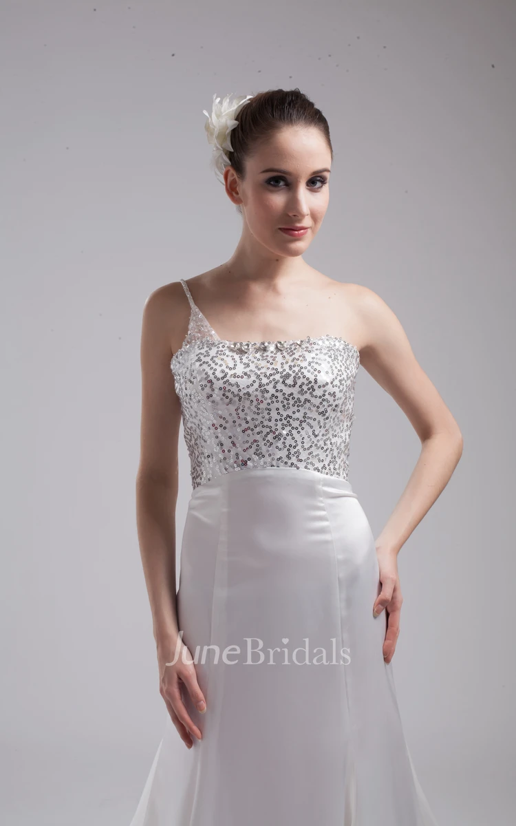 Sleeveless Satin Dress With Sequined Top and Single Strap