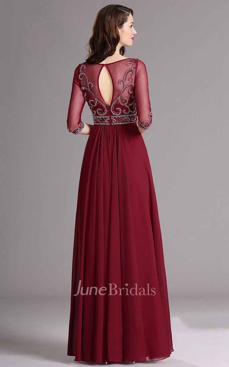 Short-Sleeve Keyhole Floor-Length Empire Jewel Dress