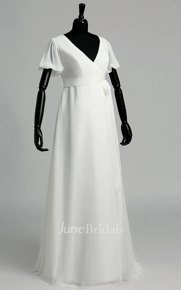 Puf Style Sleeve V-neck Long Chiffon Wedding Dress
