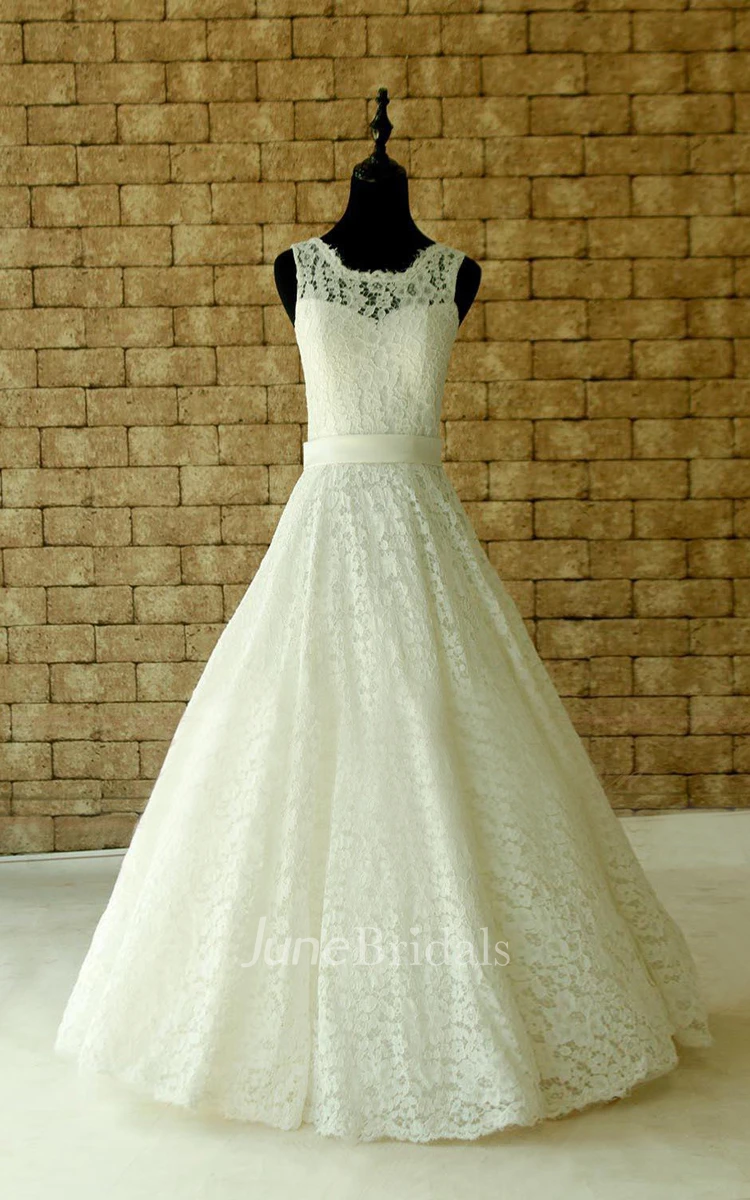 Lace Wedding Sheer Neckline With Waistband Floor Length Garden Dress