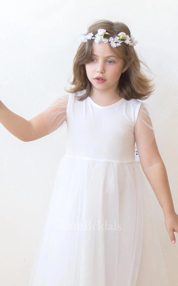 Illusion Short Sleeve Knee Length Tulle Little Girl Dress