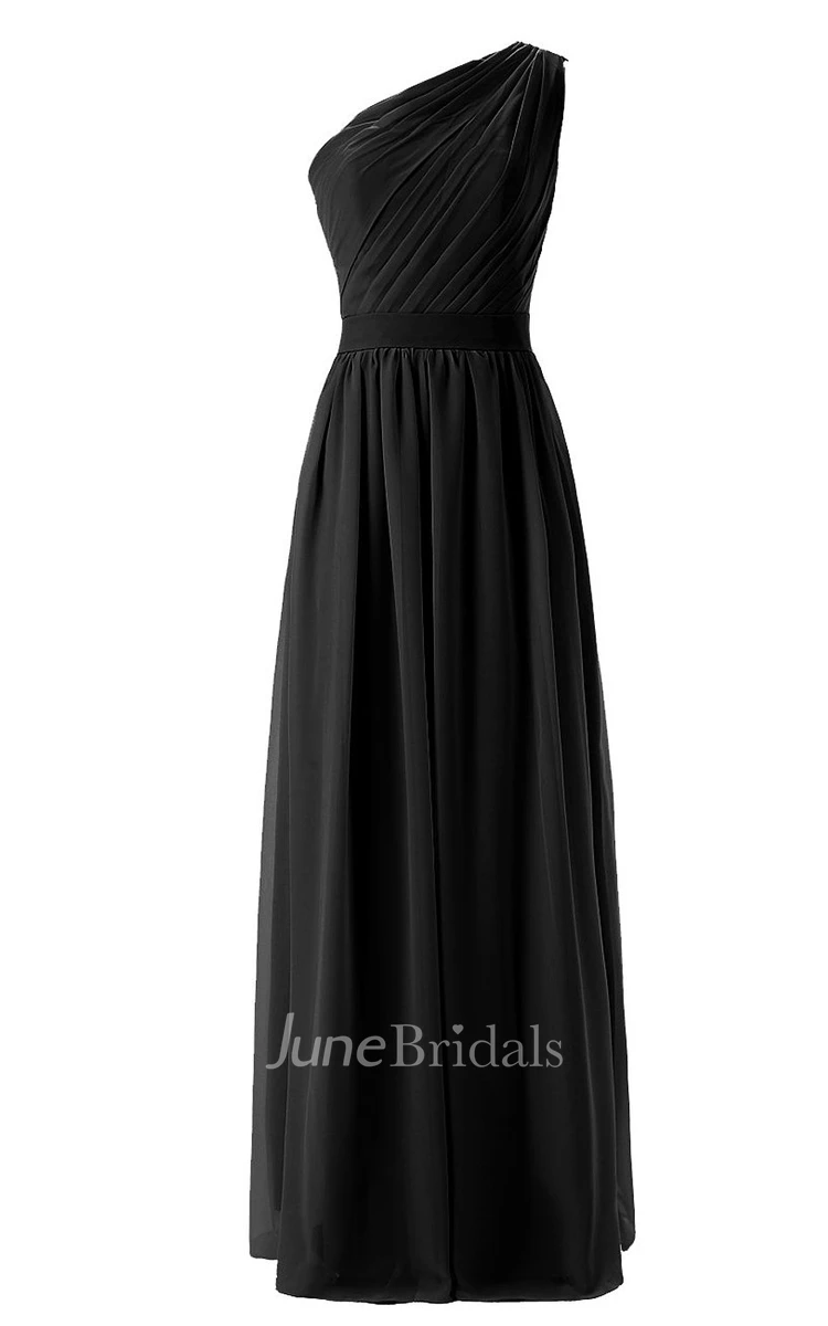 One-shoulder Pleated Chiffon Dress With Belt