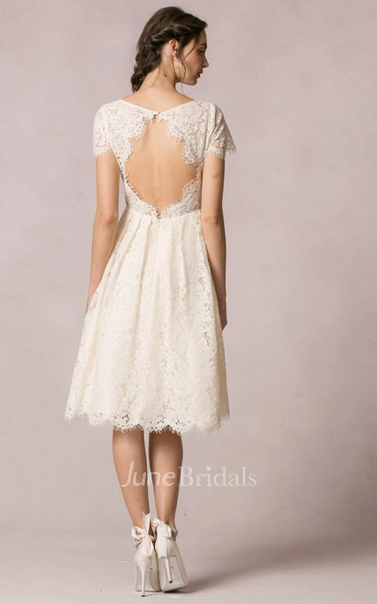 A-Line Short-Sleeve Scoop-Neck Short Lace Wedding Dress With Keyhole