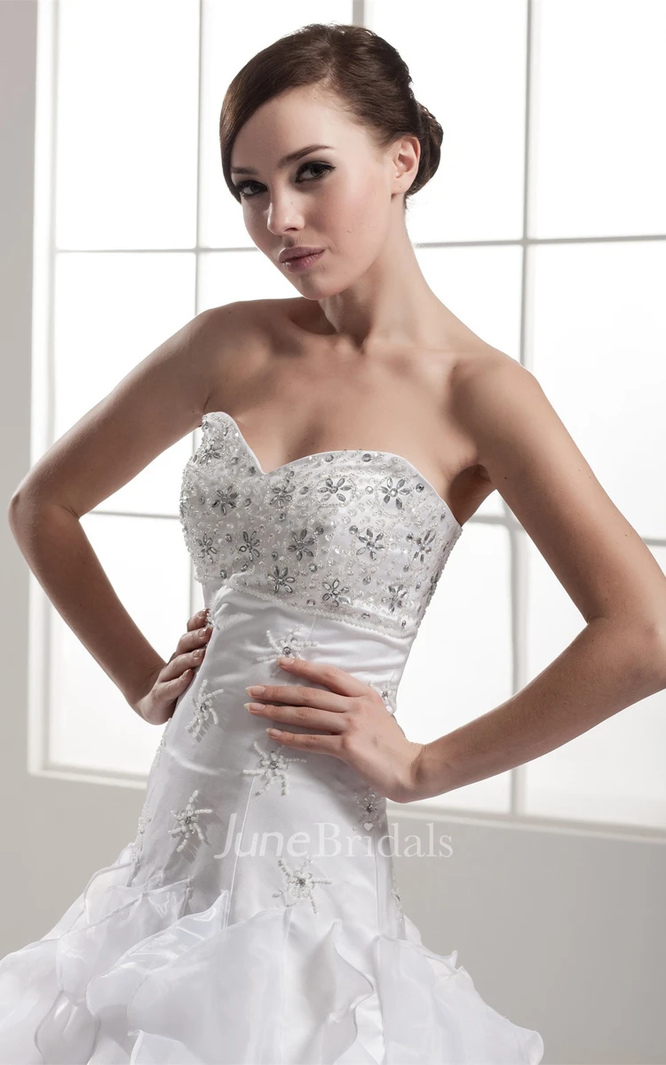 Strapless A-Line Appliqued Gown with Jewels and Ruffles