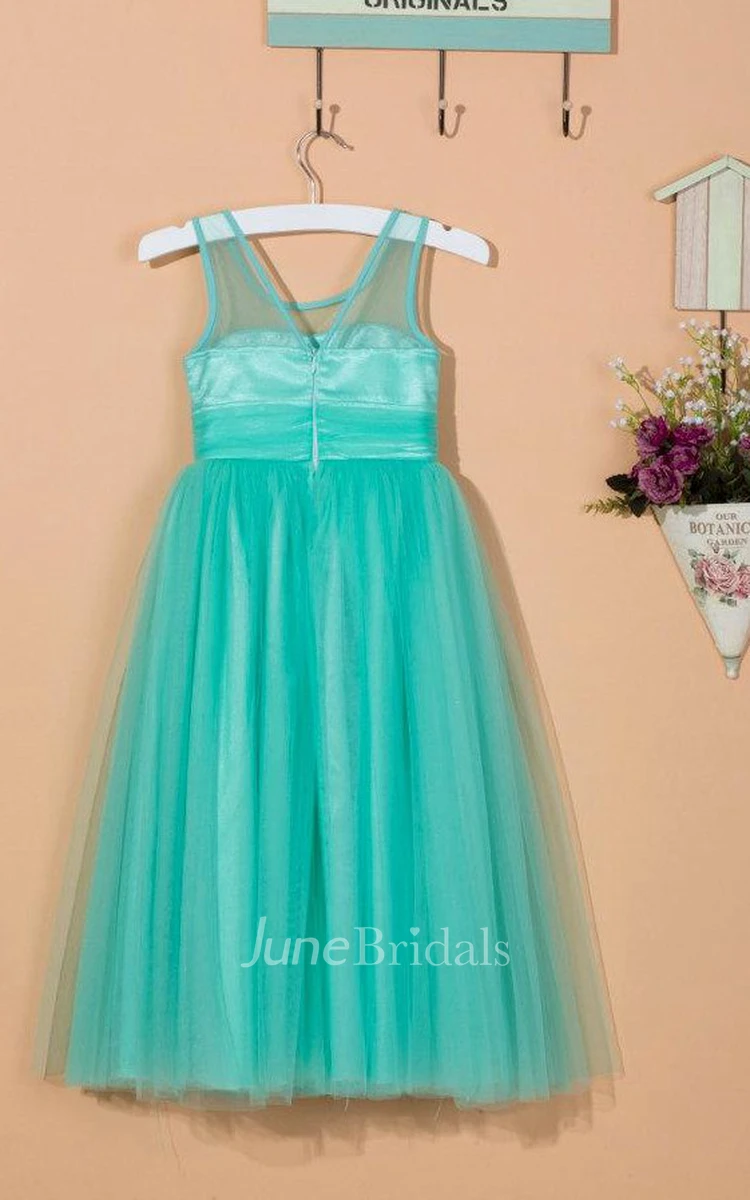 Scoop Neck Tea-length Tulle Dress With Bow&Flower