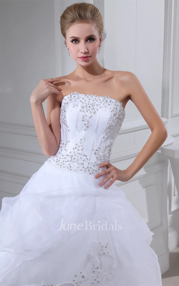 Strapless A-Line Pick-Up Ball Gown with Appliques and Beading