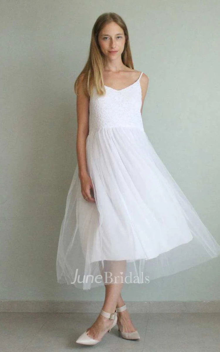 Spaghetti Sleeveless A-Line Tulle Dress With Appliques